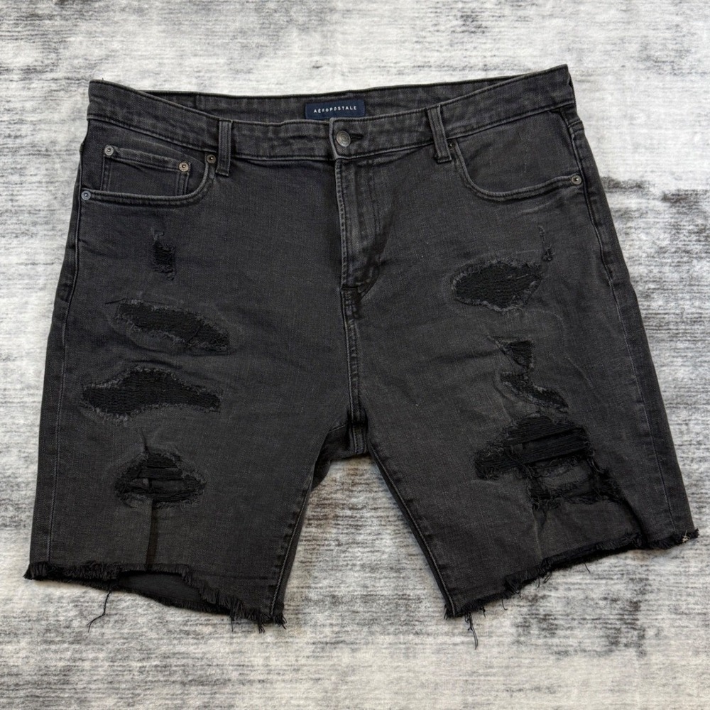 Aeropostale Mens Slim Distressed Denim‎ Shorts Black Ripped Raw Hem Size 38